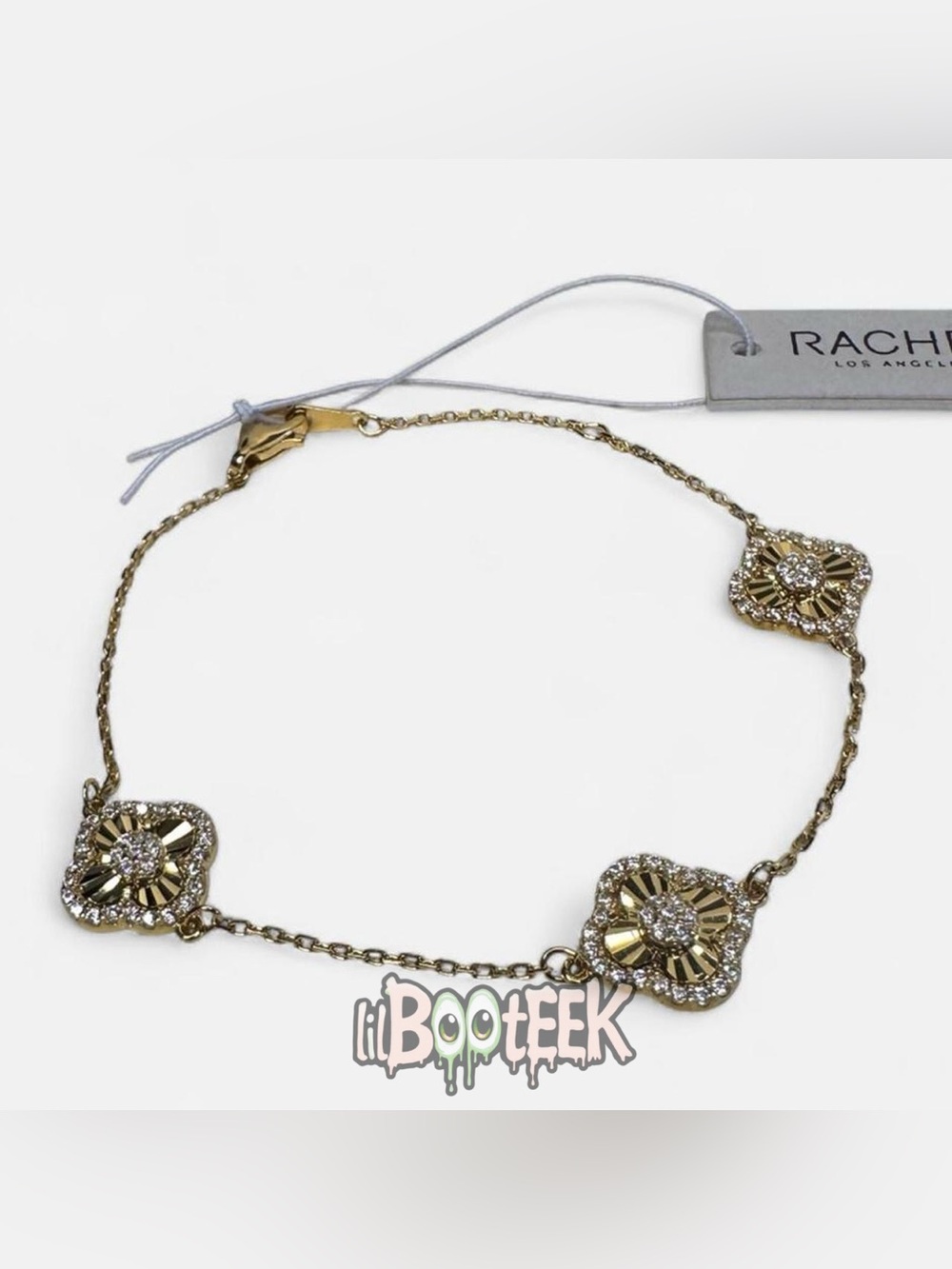 Rachel Zoe 18k Gold Plated Sterling Silver 3 Clover Bracelet w Crystal Halo NWT